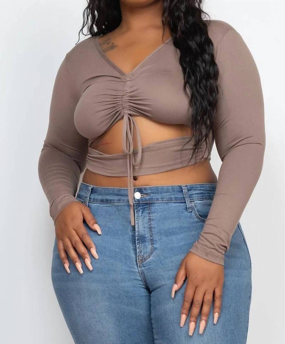 NEW CAPELLA drawstring ruched cutout crop top - plus in taupe